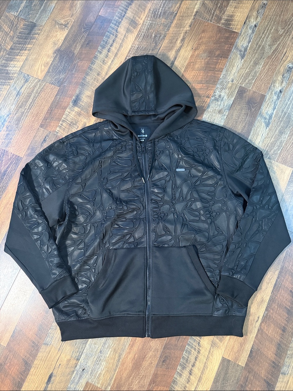 Makobi Men's Black 3D Geometric Embossed Full Zip Hoodie - 3XB